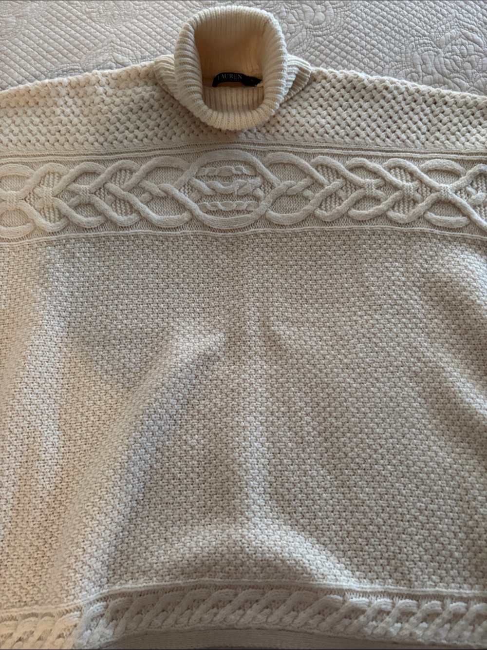 Lauren Ralph Lauren Cream Cable-Panel Turtleneck cape